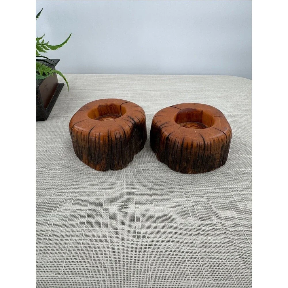 Vintage Hand Turned Natural Wood Log Votive Candle Holders Rustic Cabin Decor